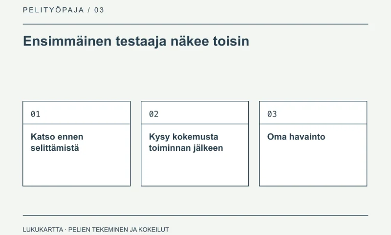 Lukukartta: Ensimmäinen testaaja näkee toisin. Katso ennen selittämistä, Kysy kokemusta toiminnan jälkeen, Oma havainto.