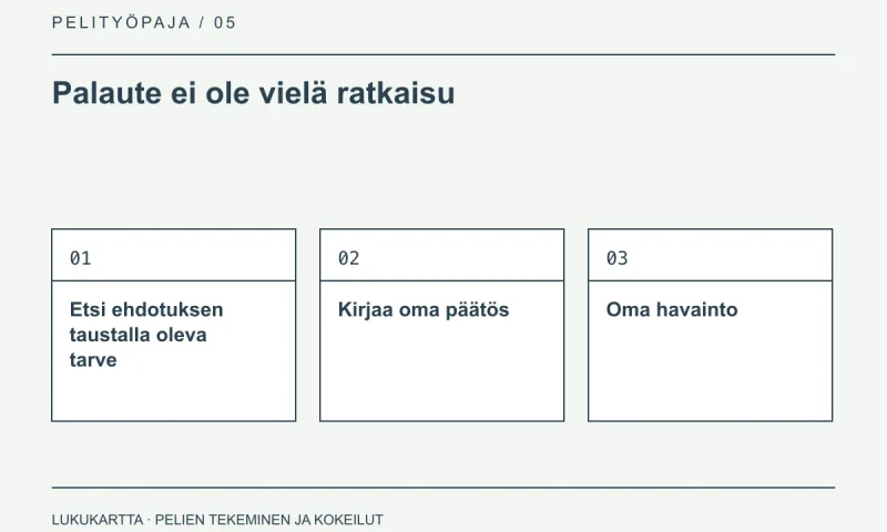 Lukukartta: Palaute ei ole vielä ratkaisu. Etsi ehdotuksen taustalla oleva tarve, Kirjaa oma päätös, Oma havainto.