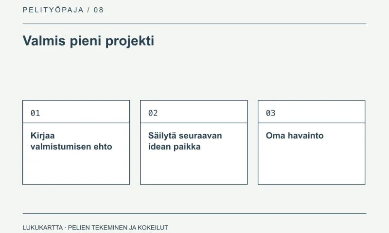 Lukukartta: Valmis pieni projekti. Kirjaa valmistumisen ehto, Säilytä seuraavan idean paikka, Oma havainto.